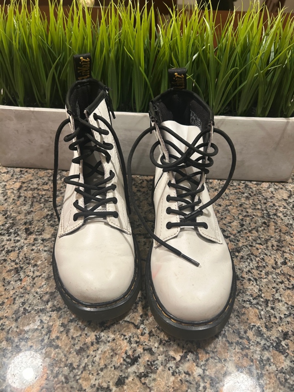 Dr. Martens White Leather Lace-Up Combat Boots with Black Trim
